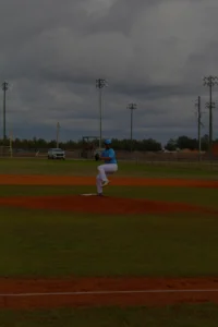 A baseball pitcher in blue prepares to throw on a cloudy day, with an empty field and distant power lines in the background